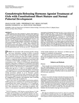 Gonadotropin-Releasing Hormone Agonist Treatment of Girls with Constitutional Short Stature and Normal Pubertal Development