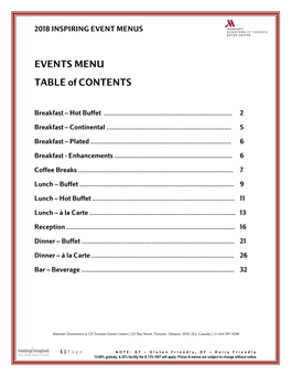 EVENTS MENU TABLE of CONTENTS