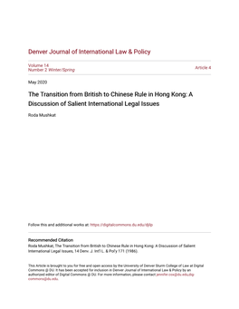 The Transition from British to Chinese Rule in Hong Kong: a Discussion of Salient International Legal Issues