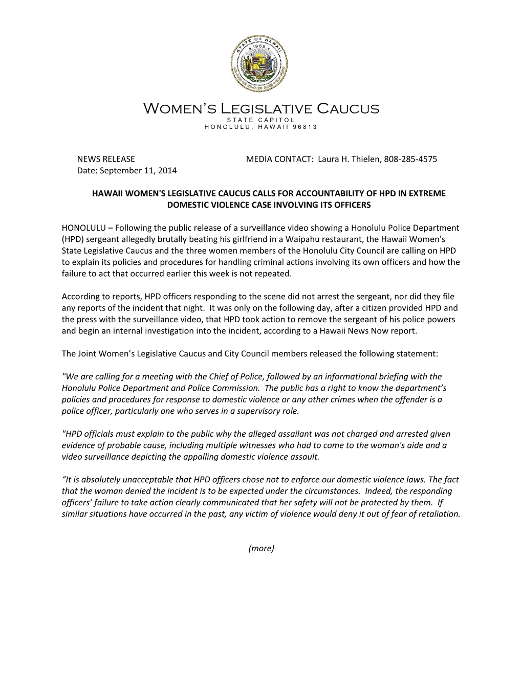 Women's Legislative Caucus Calls for Accountability of Hpd in Extreme Domestic Violence Case Involving Its Officers