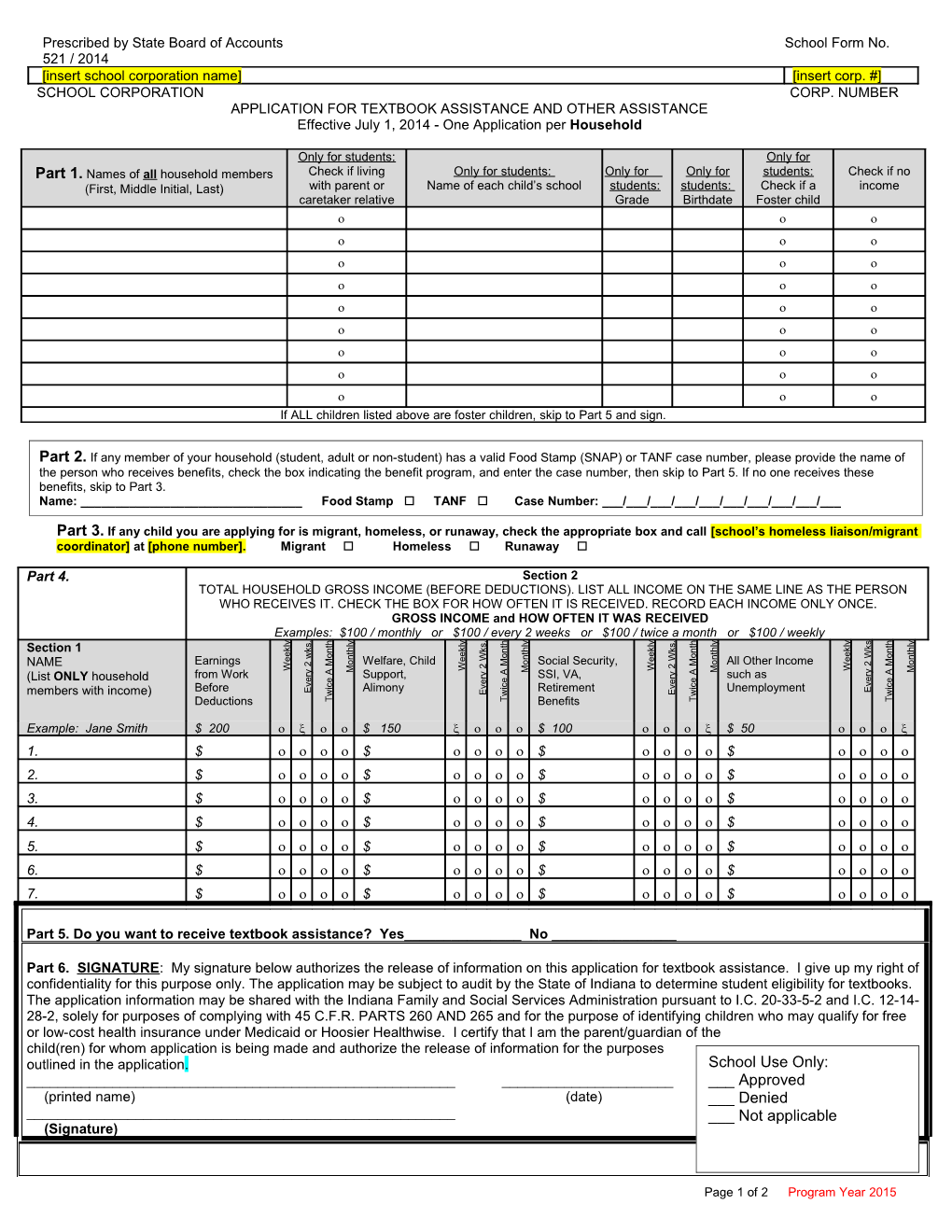 Application for Textbook Assistance and Other Assistance