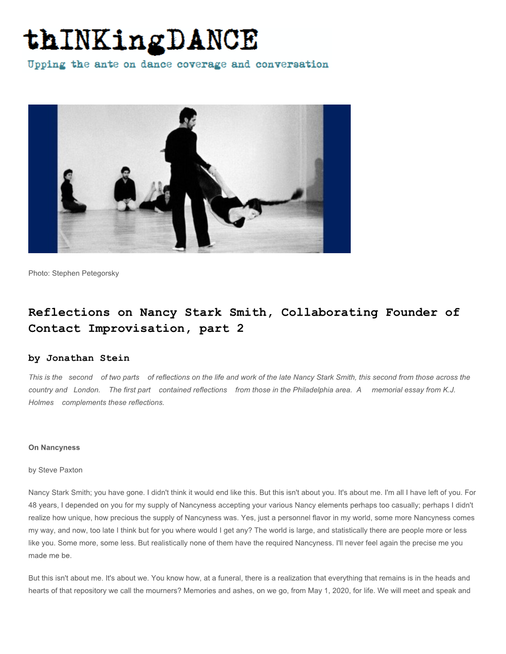 Reflections on Nancy Stark Smith, Collaborating Founder of Contact Improvisation, Part 2 by Jonathan Stein