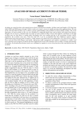 Analysis of Road Accident in Hisar Tehsil