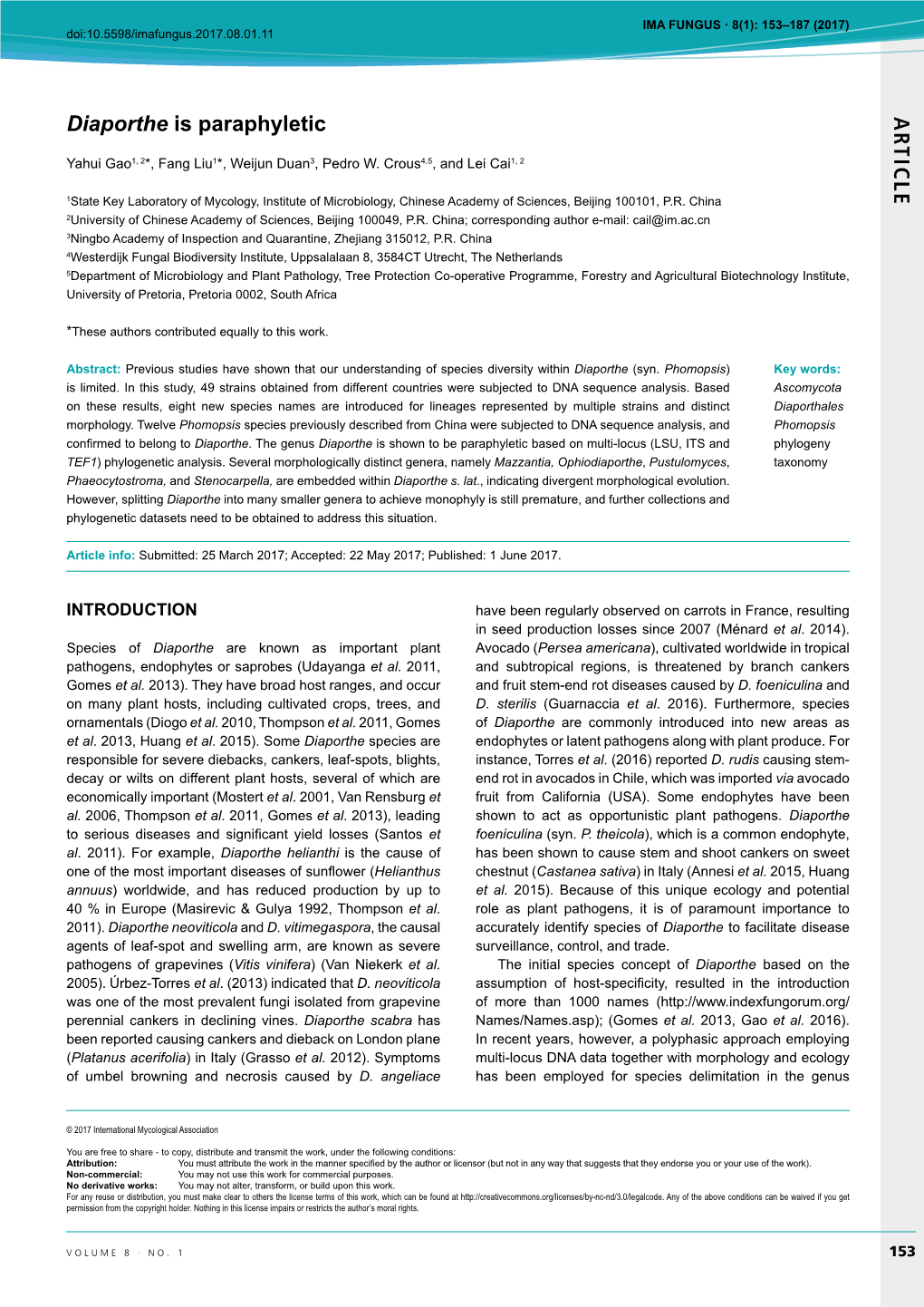 AR TICLE Diaporthe Is Paraphyletic