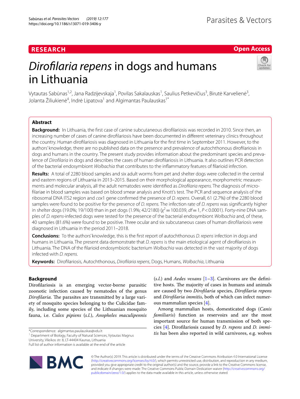 Dirofilaria Repens in Dogs and Humans in Lithuania