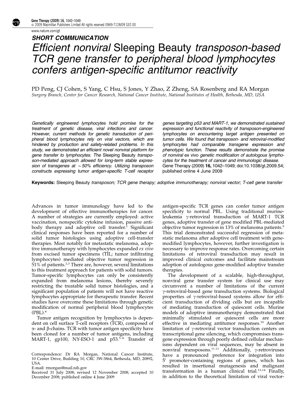 Efficient Nonviral Sleeping Beauty Transposon-Based TCR Gene