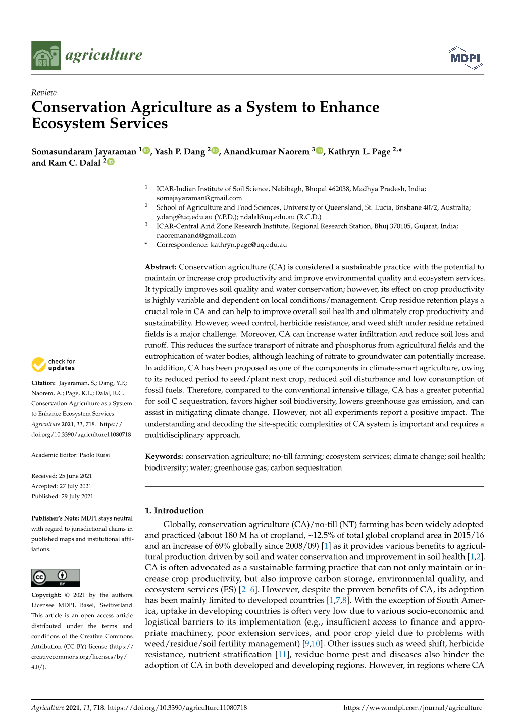 Conservation Agriculture As a System to Enhance Ecosystem Services