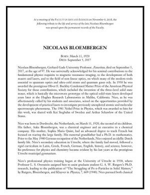 Nicolaas Bloembergen Was Spread Upon the Permanent Records of the Faculty