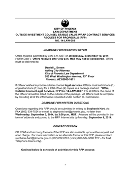 City of Phoenix Law Department Outside Investment Counsel Stable Value Wrap Contract Services Request for Proposals (Rfp) No