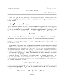 Probability Theory 1 Sample Spaces and Events
