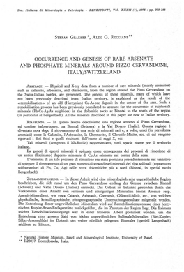 OCCURRENCE and GENESIS of RARE ARSENATE and PHOSPHATE MINERALS AROUND PIZZO CERVANDONE, ITALY Jswitzerland