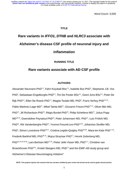 Rare Variants in IFFO1, DTNB and NLRC3 Associate with Alzheimer's