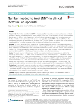 Number Needed to Treat (NNT) in Clinical Literature: an Appraisal Diogo Mendes1,2* , Carlos Alves1,2 and Francisco Batel-Marques1,2