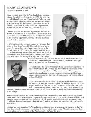 MARY LEONARD ‘70 Inducted: October, 20011