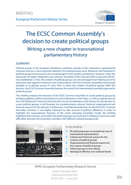 The ECSC Common Assembly's Decision to Create Political Groups Writing a New Chapter in Transnational Parliamentary History