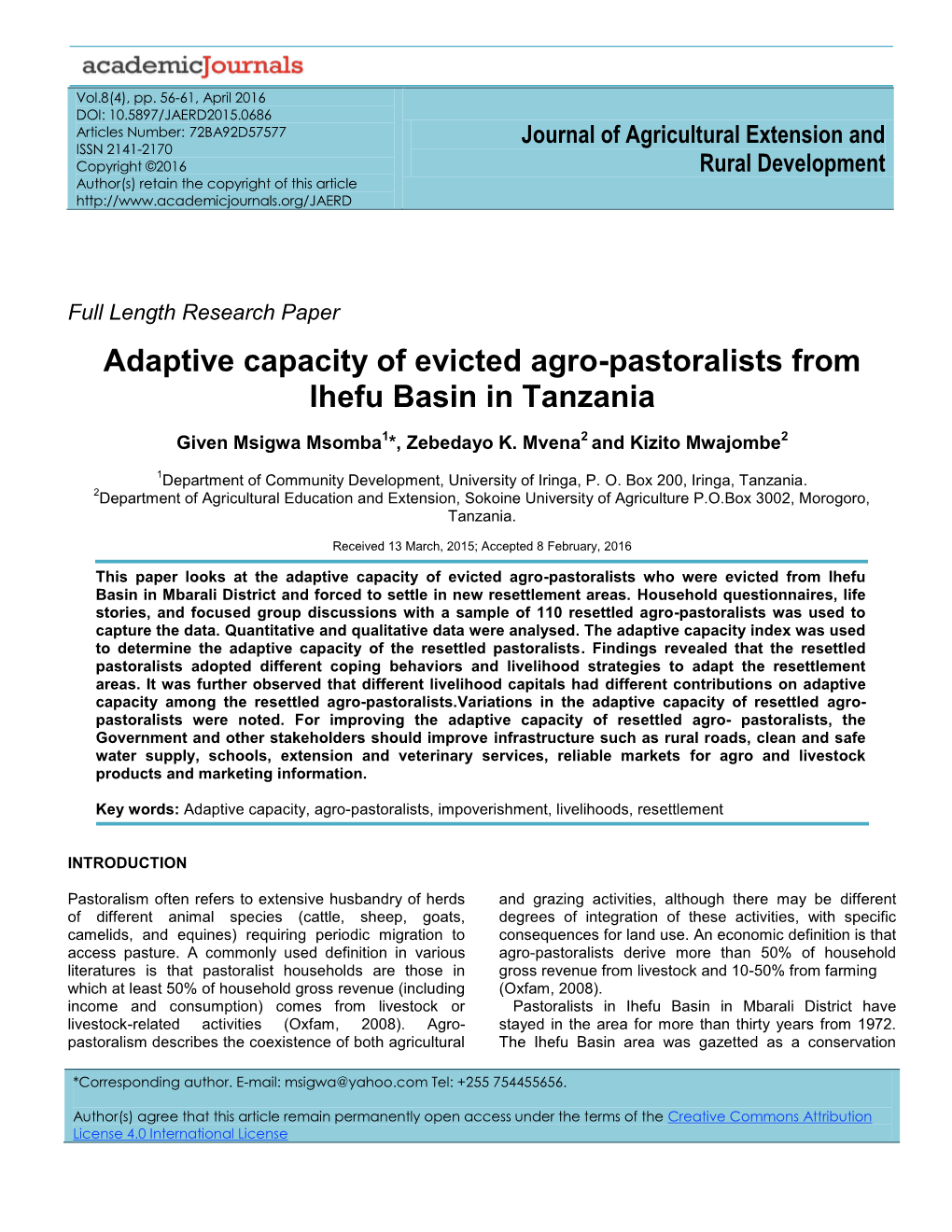 Adaptive Capacity of Evicted Agro-Pastoralists from Ihefu Basin in Tanzania