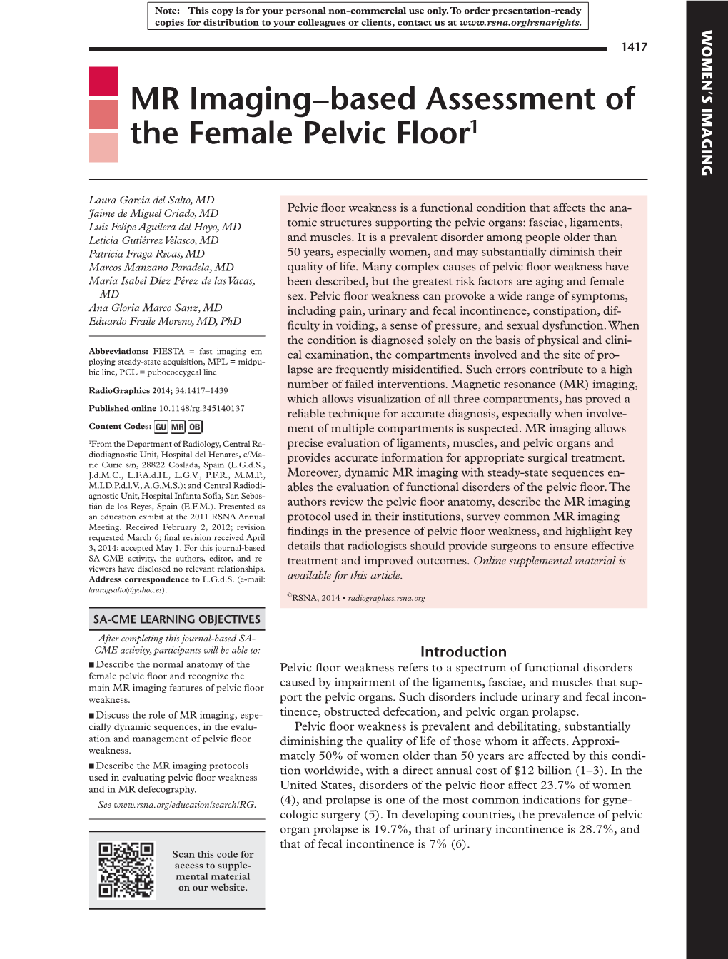 MR Imaging–Based Assessment of the Female Pelvic Floor1