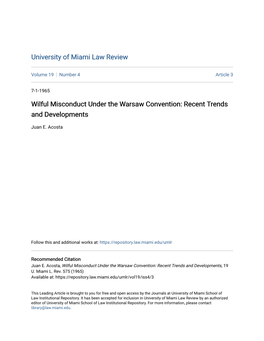 Wilful Misconduct Under the Warsaw Convention: Recent Trends and Developments
