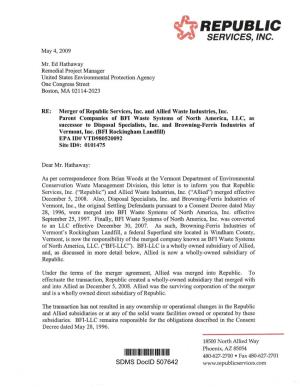Letter Regarding Merger of Republic Services, Inc And