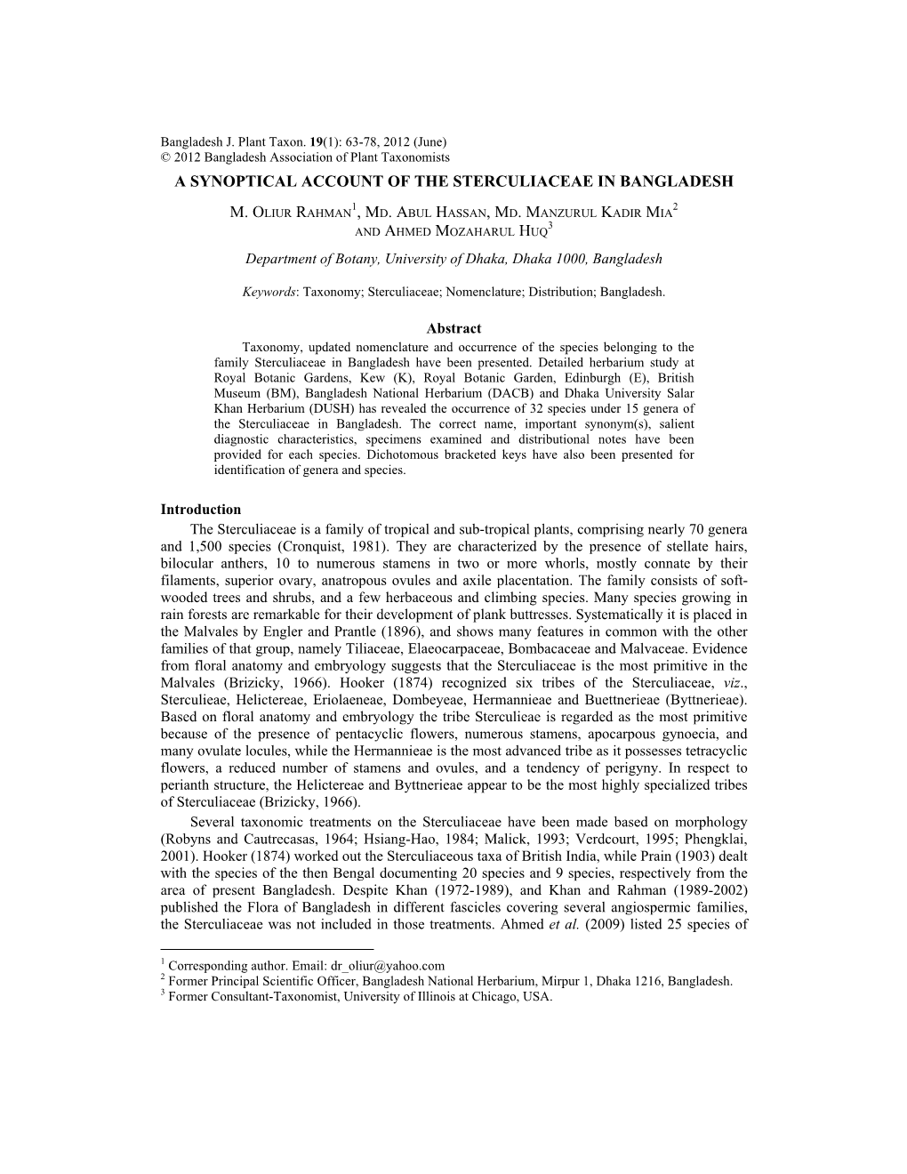 A Synoptical Account of the Sterculiaceae in Bangladesh