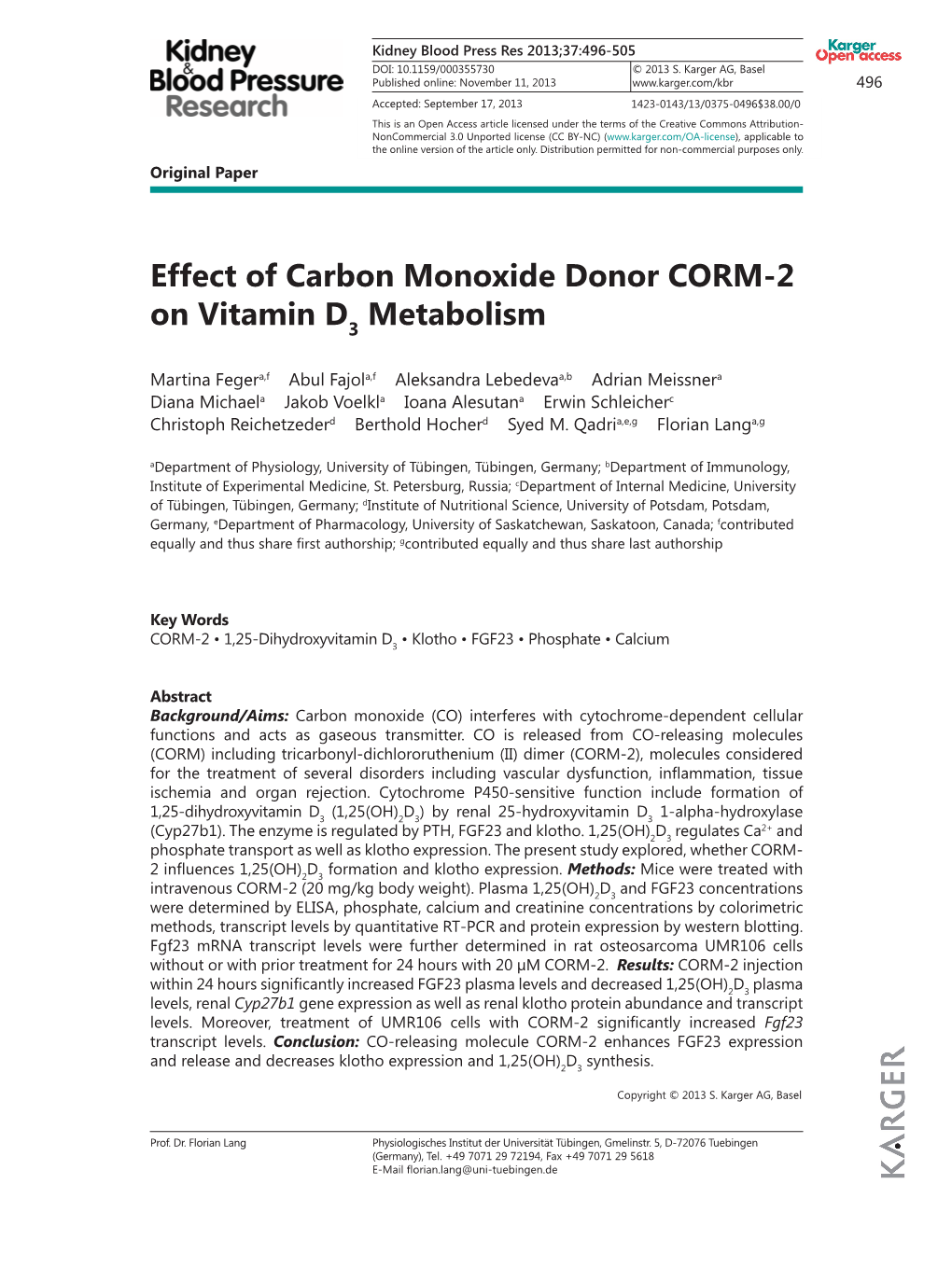 Effect of Carbon Monoxide Donor CORM-2 on Vitamin D Metabolism