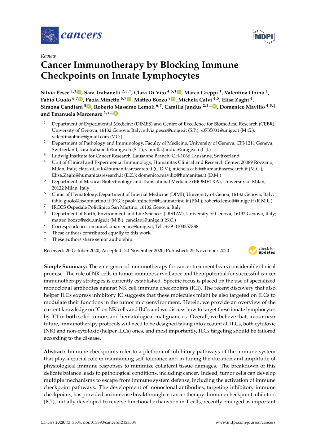 Cancer Immunotherapy by Blocking Immune Checkpoints on Innate Lymphocytes