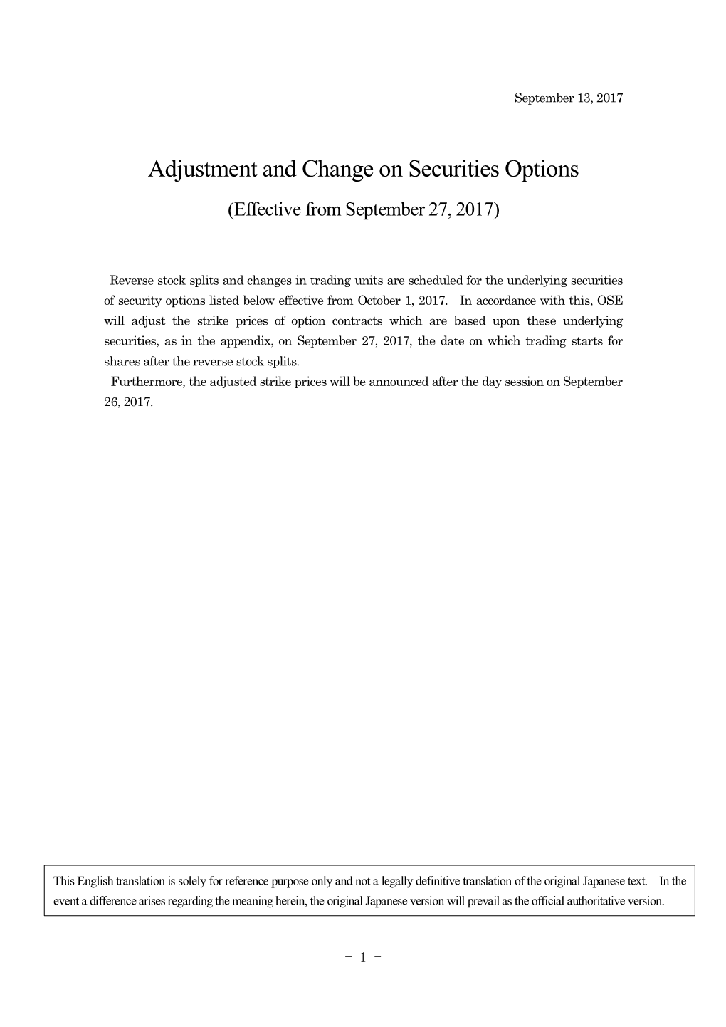 Adjustment and Change on Securities Options (Effective from September 27, 2017)