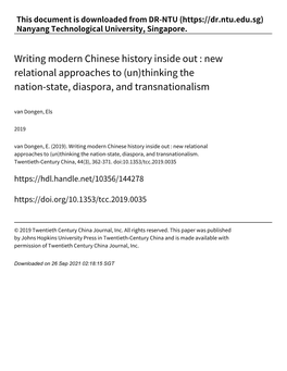 Writing Modern Chinese History Inside out : New Relational Approaches to (Un)Thinking the Nation‑State, Diaspora, and Transnationalism