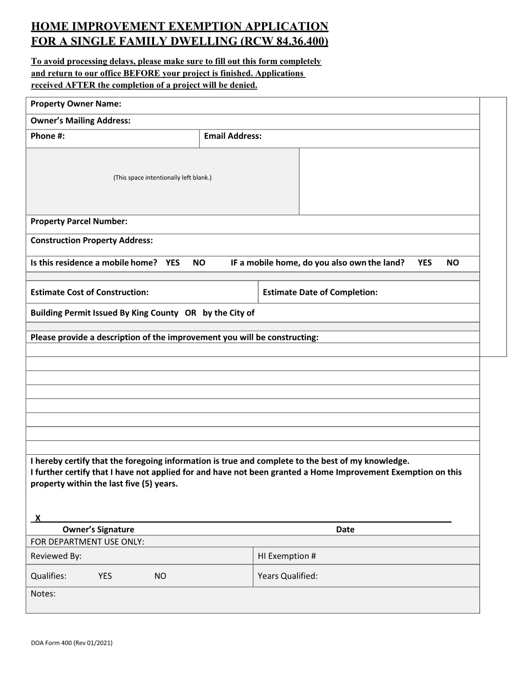 Home Improvement Exemption Application for a Single Family Dwelling (Rcw 84.36.400)