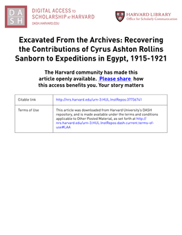 Excavated from the Archives: Recovering the Contributions of Cyrus Ashton Rollins Sanborn to Expeditions in Egypt, 1915-1921