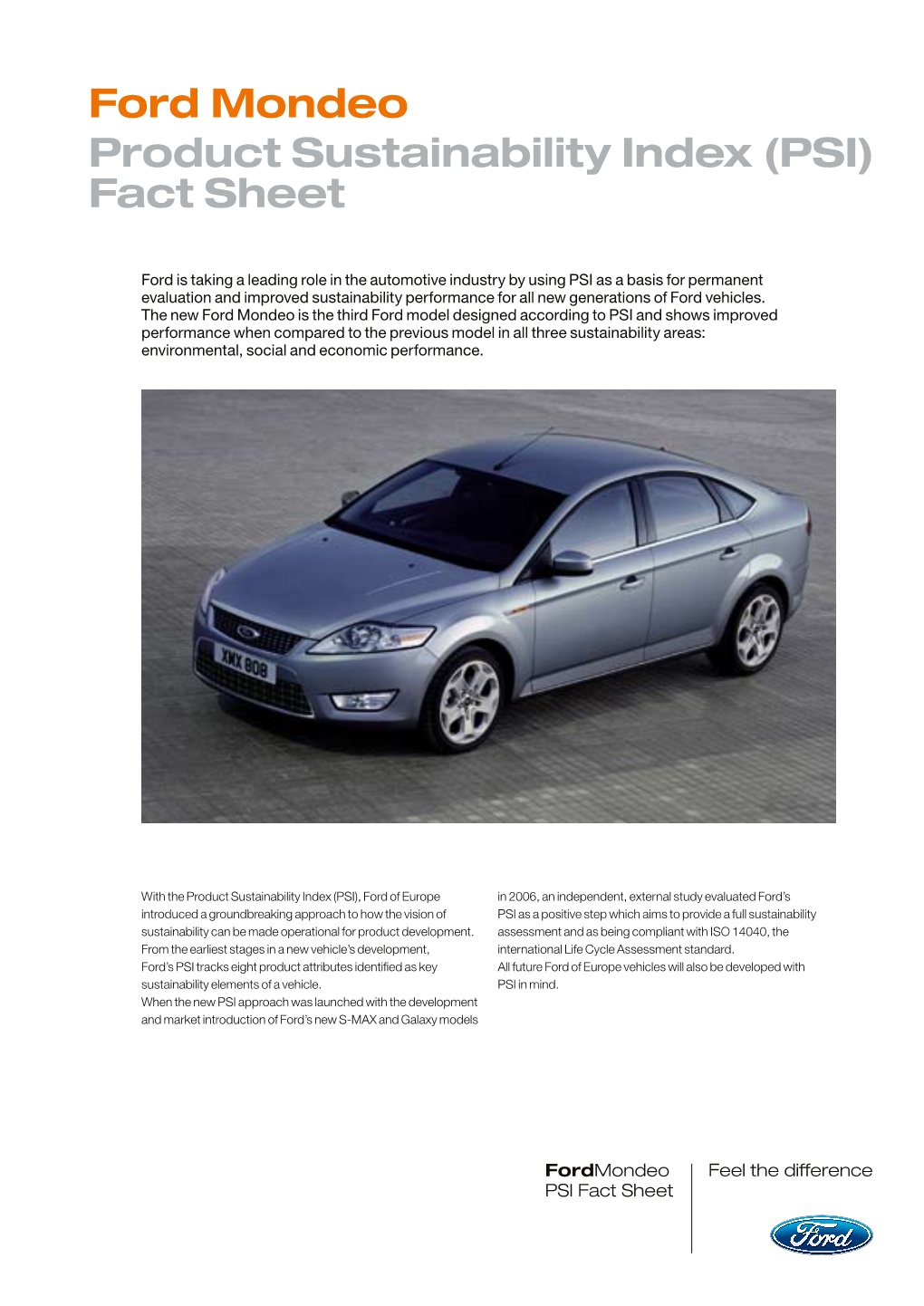 Ford Mondeo Product Sustainability Index (PSI) Fact Sheet