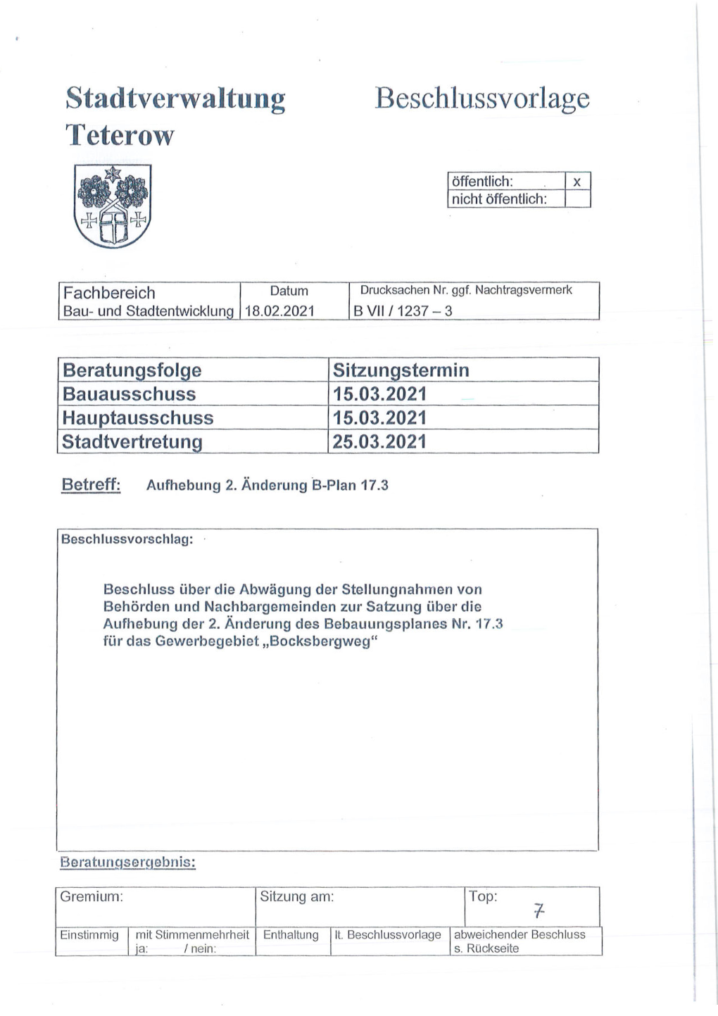 Stadtverwaltung Teterow Beschlussvorlage