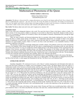 Mathematical Phenomena of the Quran Matluba Sadullaeva Akhrorovna Bukhara State Medical Istitute Matlyuba2002@Yahoo.Com