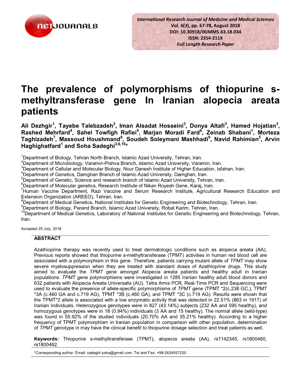 The Prevalence of Polymorphisms of Thiopurine S- Methyltransferase Gene in Iranian Alopecia Areata Patients