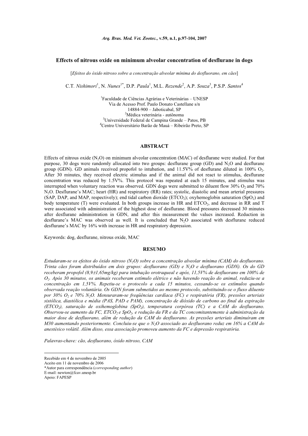 Effects of Nitrous Oxide on Minimum Alveolar Concentration of Desflurane in Dogs