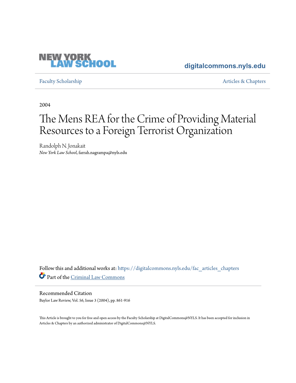 The Mens Rea for the Crime of Providing Material Resources to a Foreign Terrorist Organization