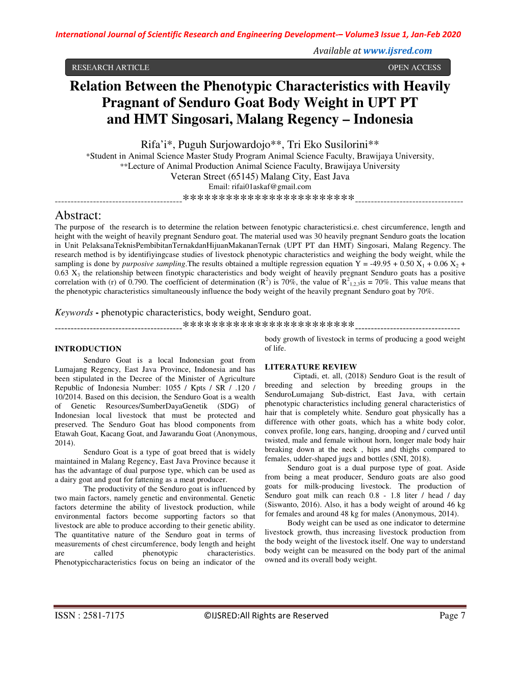 Relation Between the Phenotypic Characteristics with Heavily Pragnant of Senduro Goat Body Weight in UPT PT and HMT Singosari, Malang Regency – Indonesia