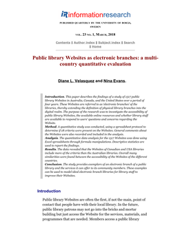 Public Library Websites As Electronic Branches: a Multi- Country Quantitative Evaluation