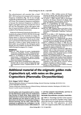 Additional Material of the Enigmatic Golden Mole Cryptochloris Zyli, with Notes on the Genus Cryptochloris (Mammalia: Chrysochloridae)