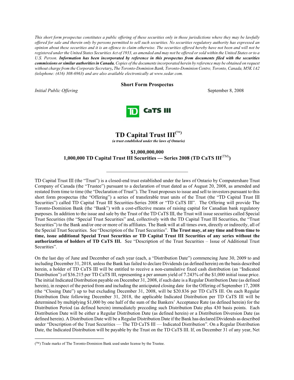 TD Capital Trust III(™) (A Trust Established Under the Laws of Ontario)