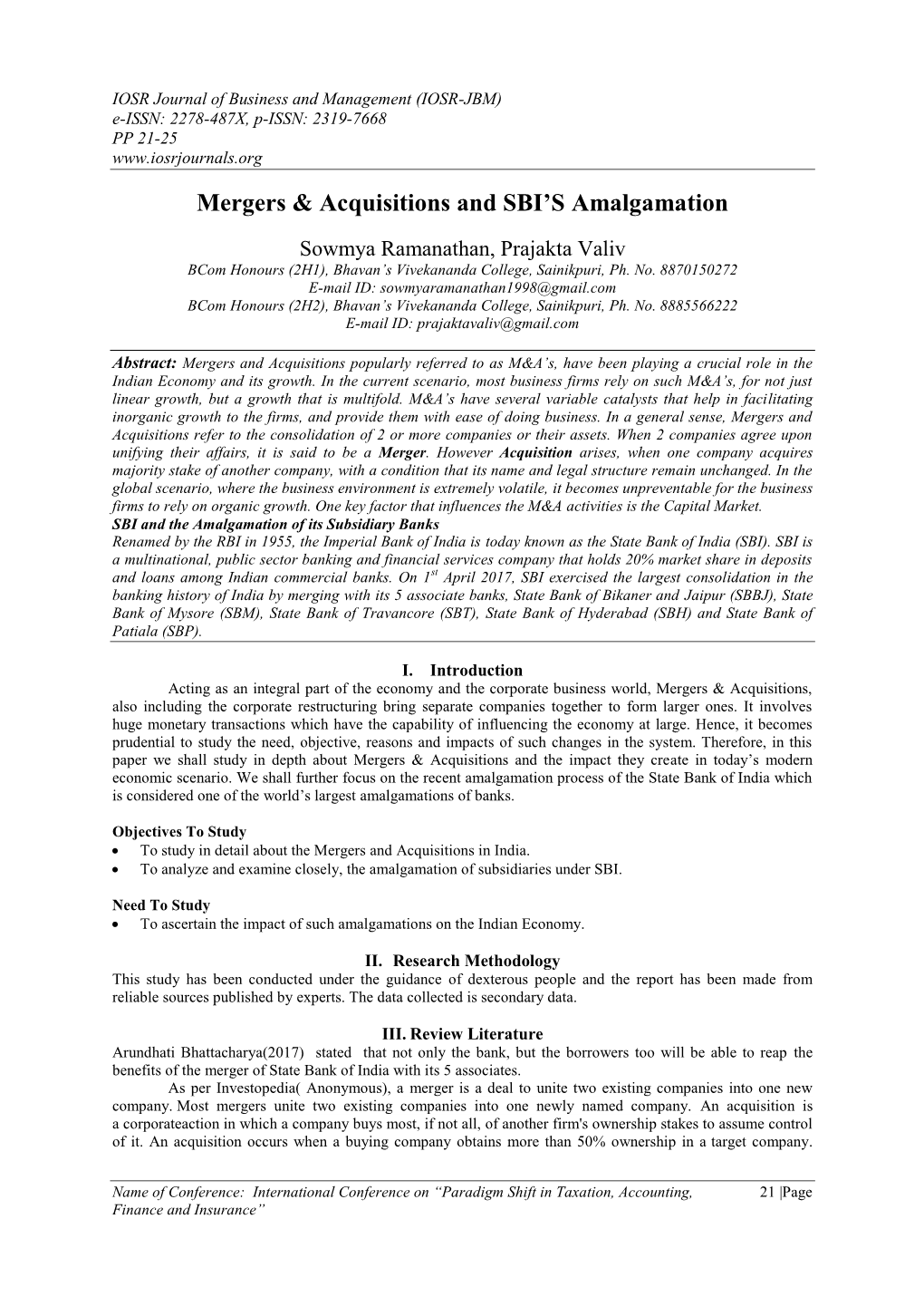 Mergers & Acquisitions and SBI's Amalgamation