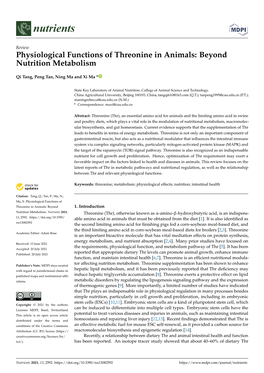 Physiological Functions of Threonine in Animals: Beyond Nutrition Metabolism