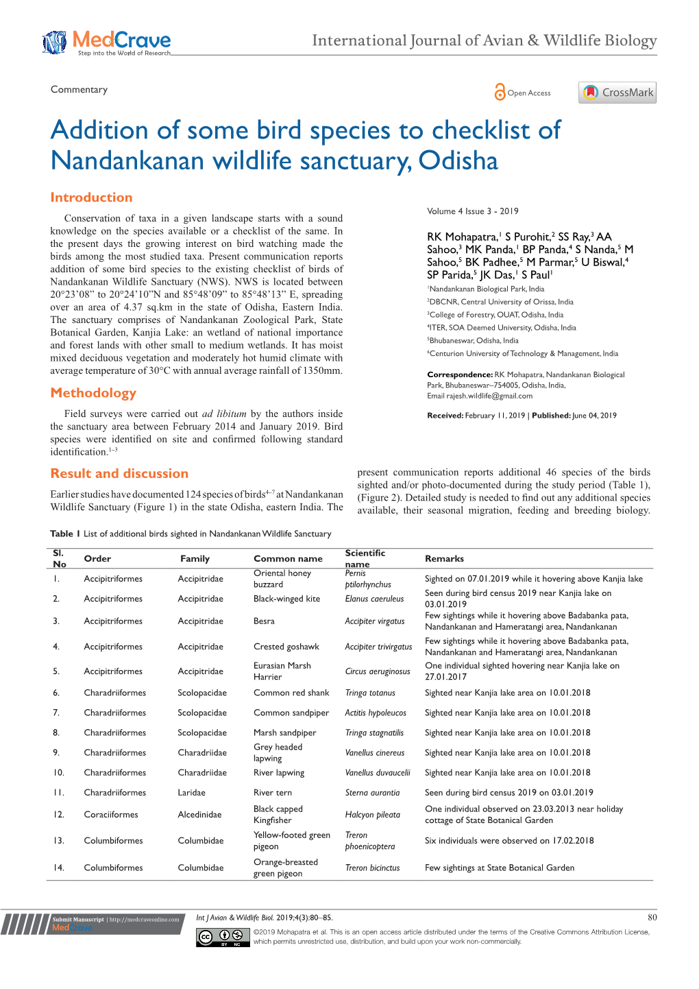 Addition of Some Bird Species to Checklist of Nandankanan Wildlife Sanctuary, Odisha
