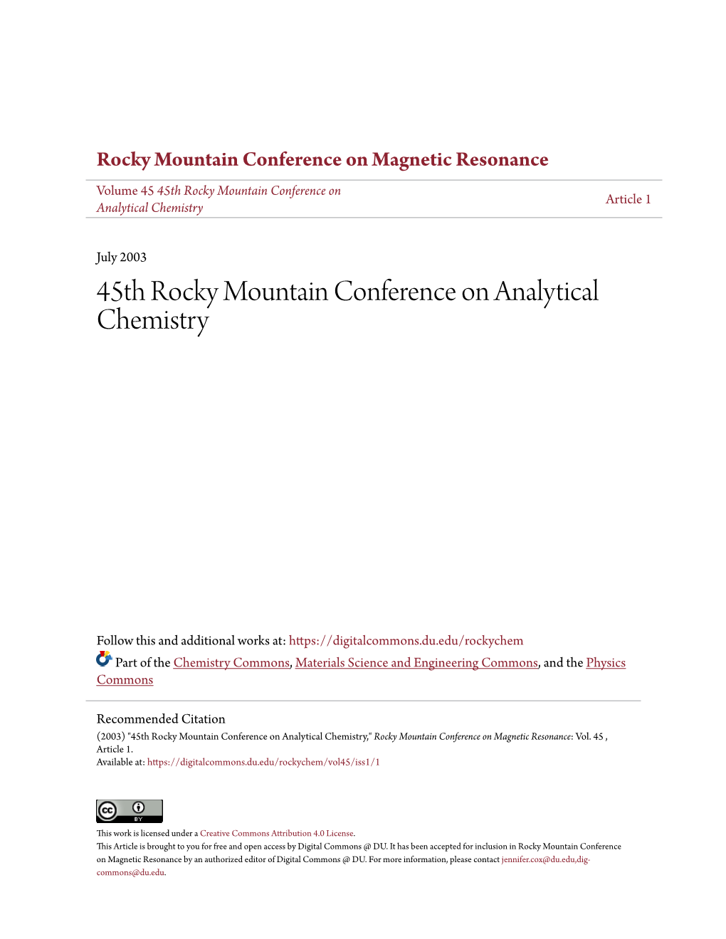 45Th Rocky Mountain Conference on Analytical Chemistry