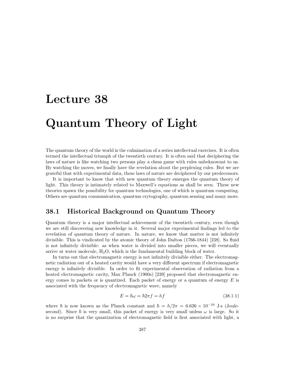 Lecture 38 Quantum Theory of Light