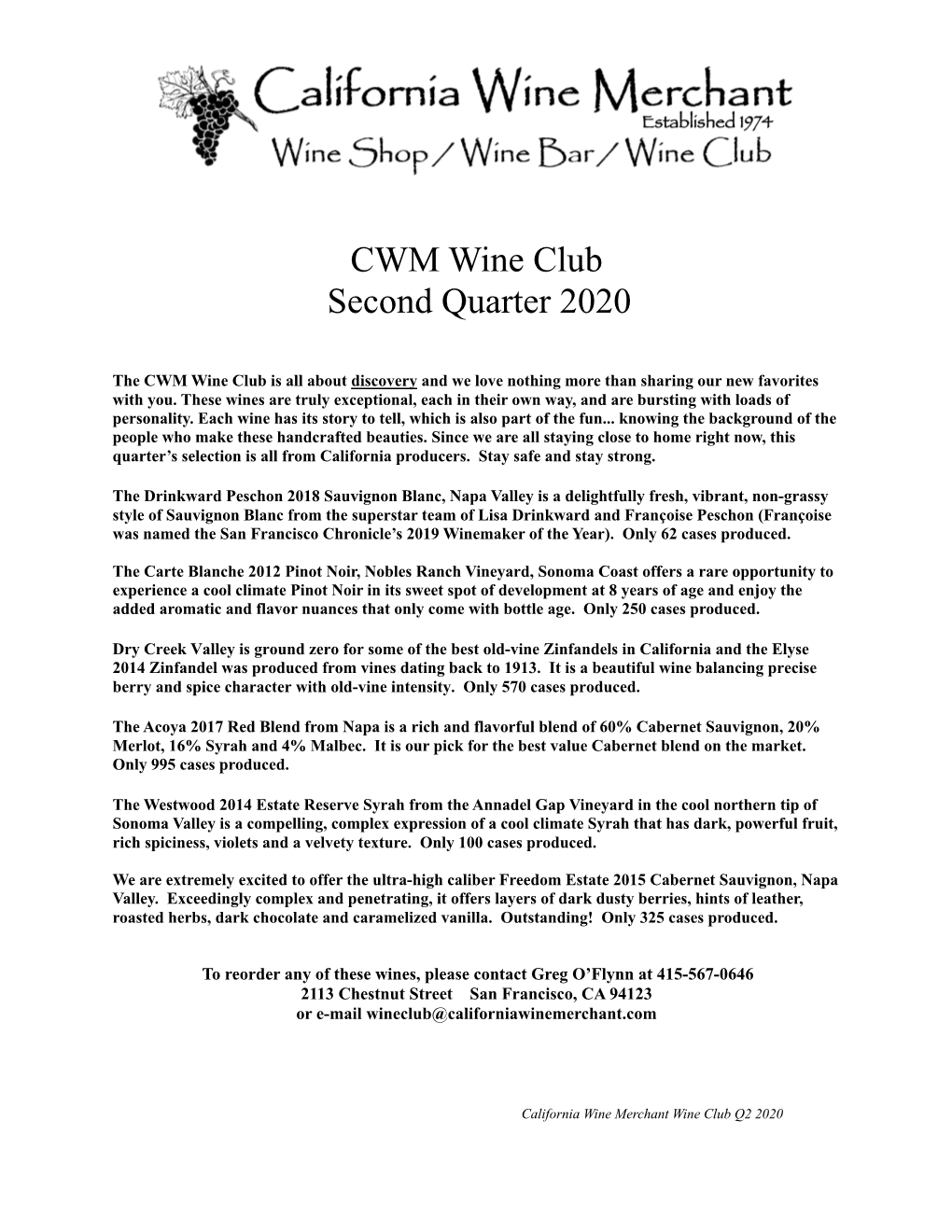 CWM Wine Club Second Quarter 2020