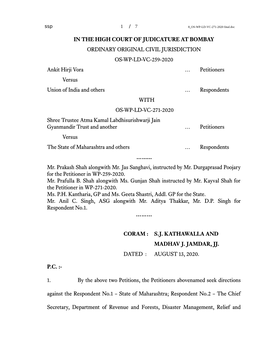 IN the HIGH COURT of JUDICATURE at BOMBAY ORDINARY ORIGINAL CIVIL JURISDICTION OS-WP-LD-VC-259-2020 Ankit Hirji Vora … Petitio