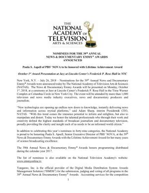 NOMINEES for the 39Th ANNUAL NEWS & DOCUMENTARY EMMY® AWARDS