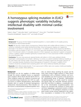 A Homozygous Splicing Mutation in ELAC2 Suggests Phenotypic Variability Including Intellectual Disability with Minimal Cardiac Involvement Nadia A