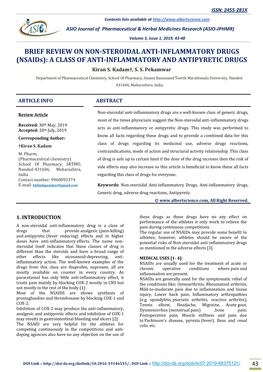 BRIEF REVIEW on NON-STEROIDAL ANTI-INFLAMMATORY DRUGS (Nsaids): a CLASS of ANTI-INFLAMMATORY and ANTIPYRETIC DRUGS Kiran S